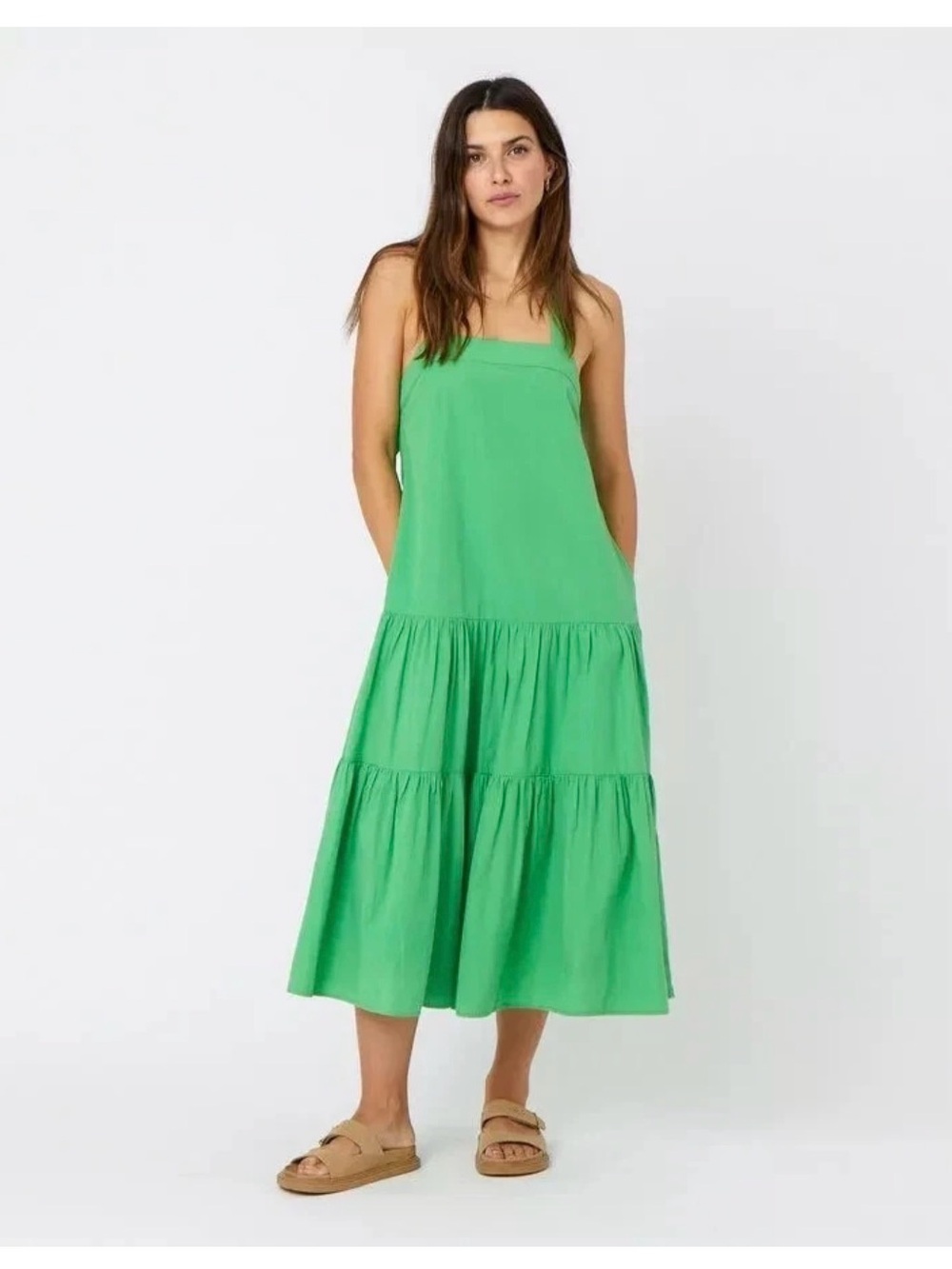 Bright Green Jean Midi Dress Tiered Midi Dress with Square Neck
